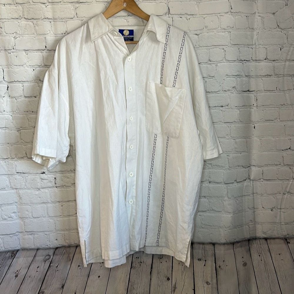 Vintage 90s BudaBean Men’s Beige Linen Short Sleeve Button up Shirt size‎ 2xl